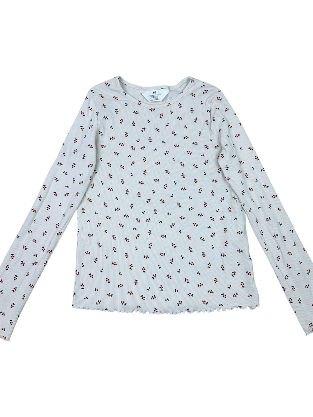 H&M Girls Beige White Long Sleeve Ribbed Holly Berry Print Top